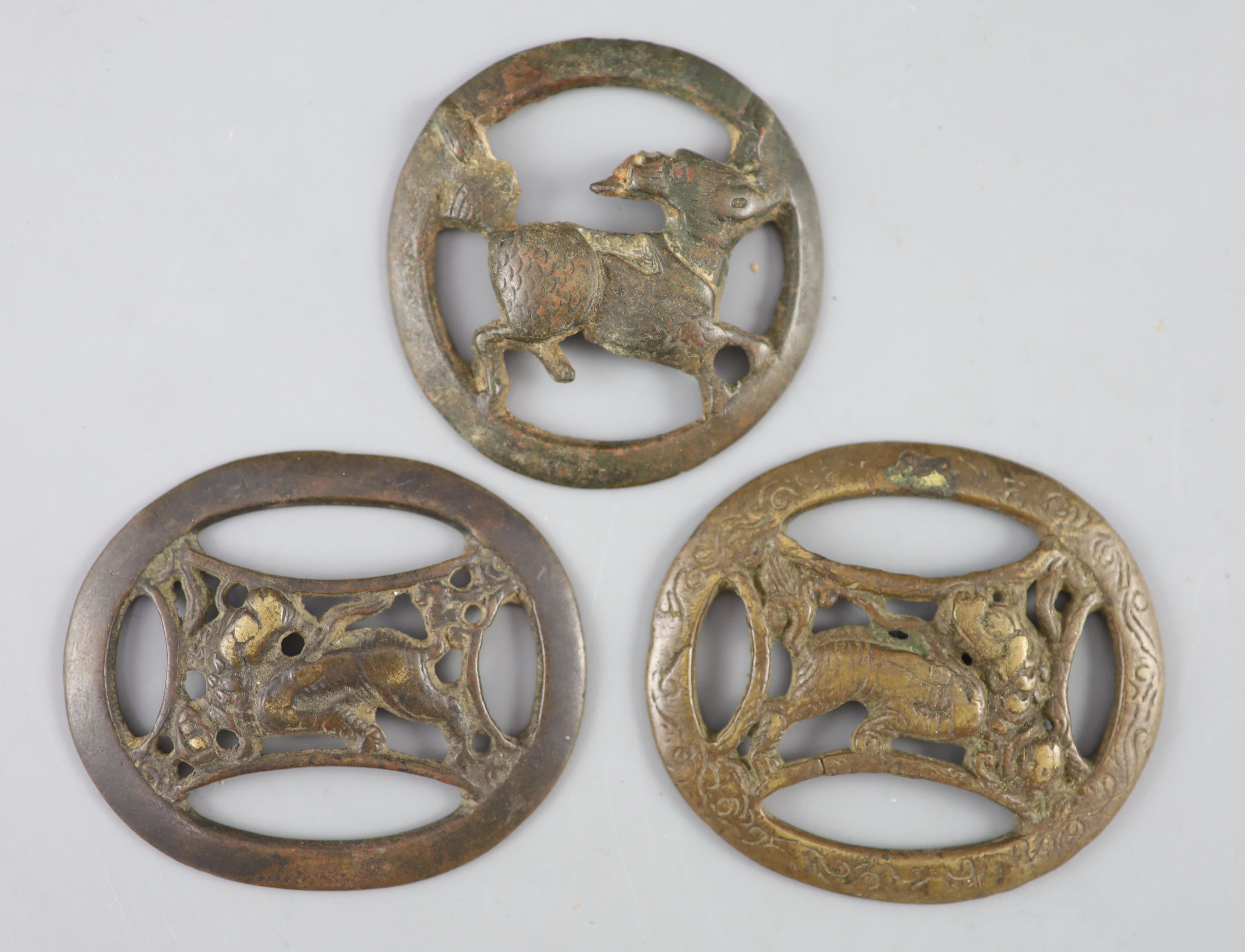China, 3 large bronze openwork amulets, probably Song-Ming dynasty,